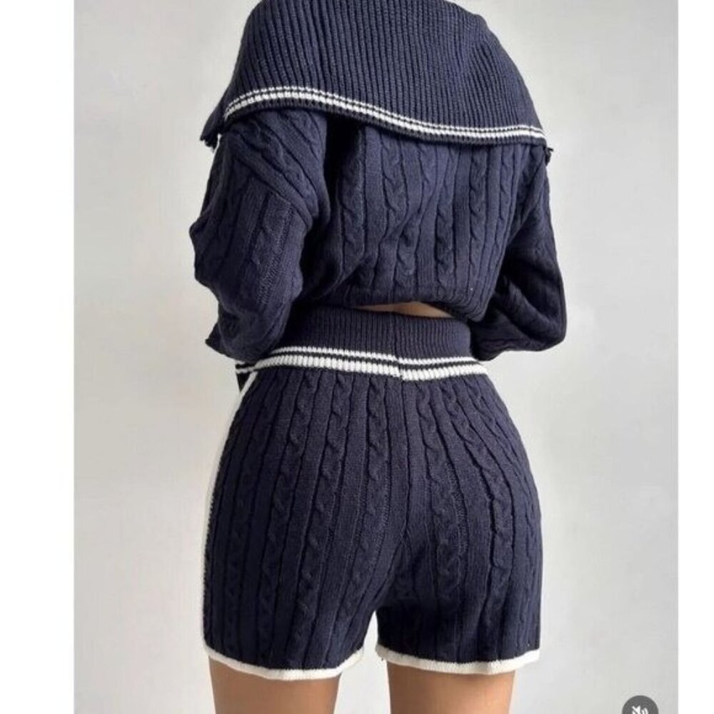 Women Outfit Two Piece Set Crop Sweater-Shorts Knit Blue Size M Sailor Neck - Picture 6 of 16